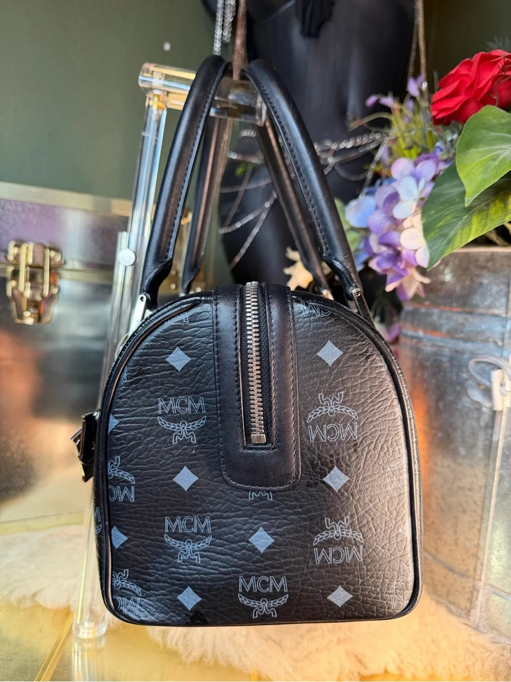 MCM Black Monogram Satchel Boston with Green-Silver-Orange MCM Charm